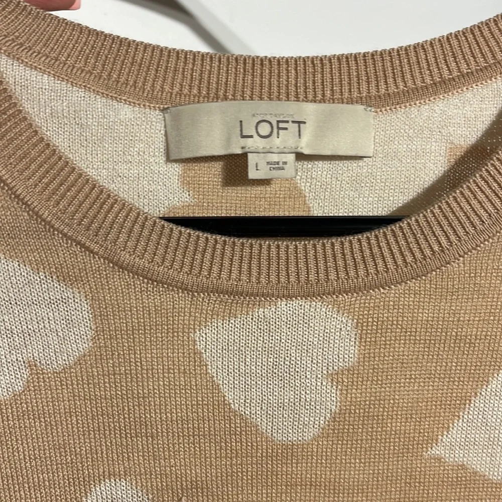 LOFT Nude Blush Pink White Hearts Ribbed Detail Crewneck Sweater Size L - Picture 5 of 9